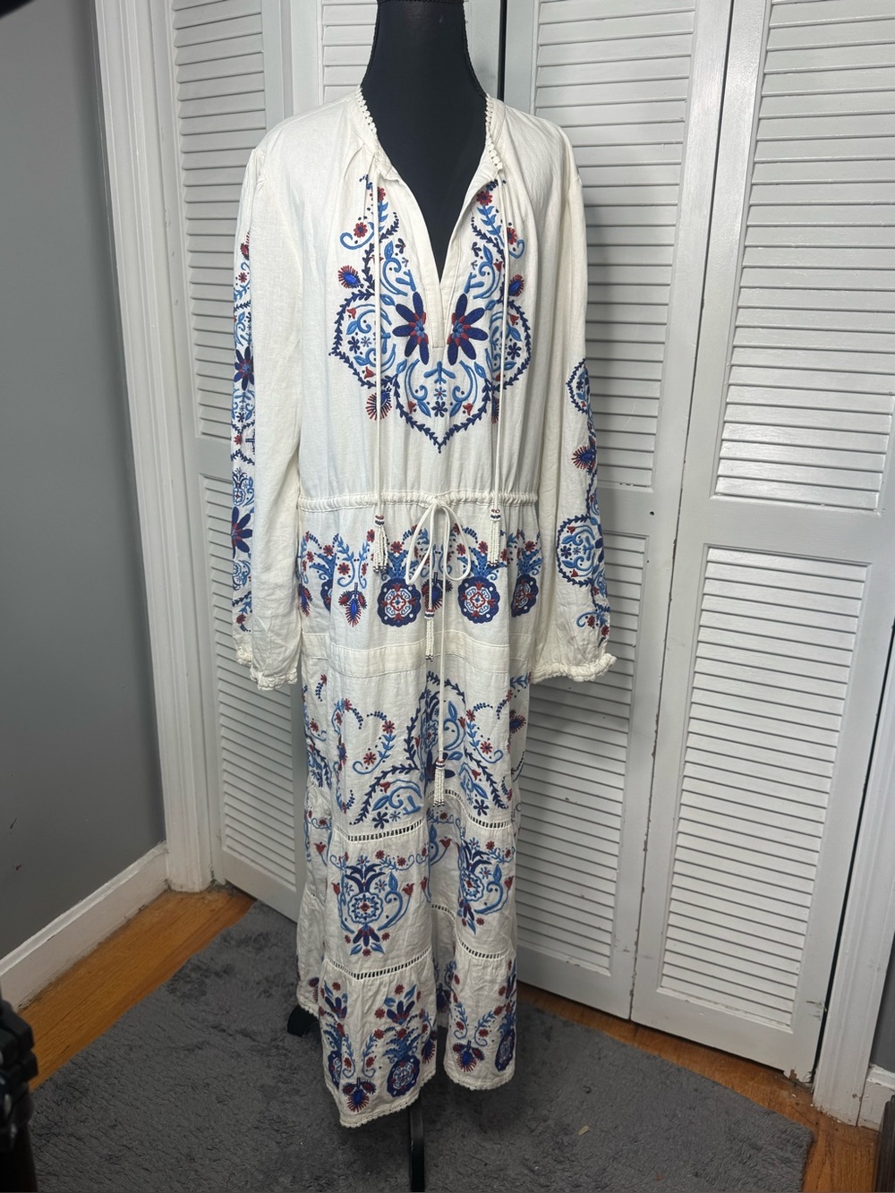 Farm Rio Linen Blend Embroidered Midi White Navy Boho Peasant Artsy Dress XL - Picture 1 of 16